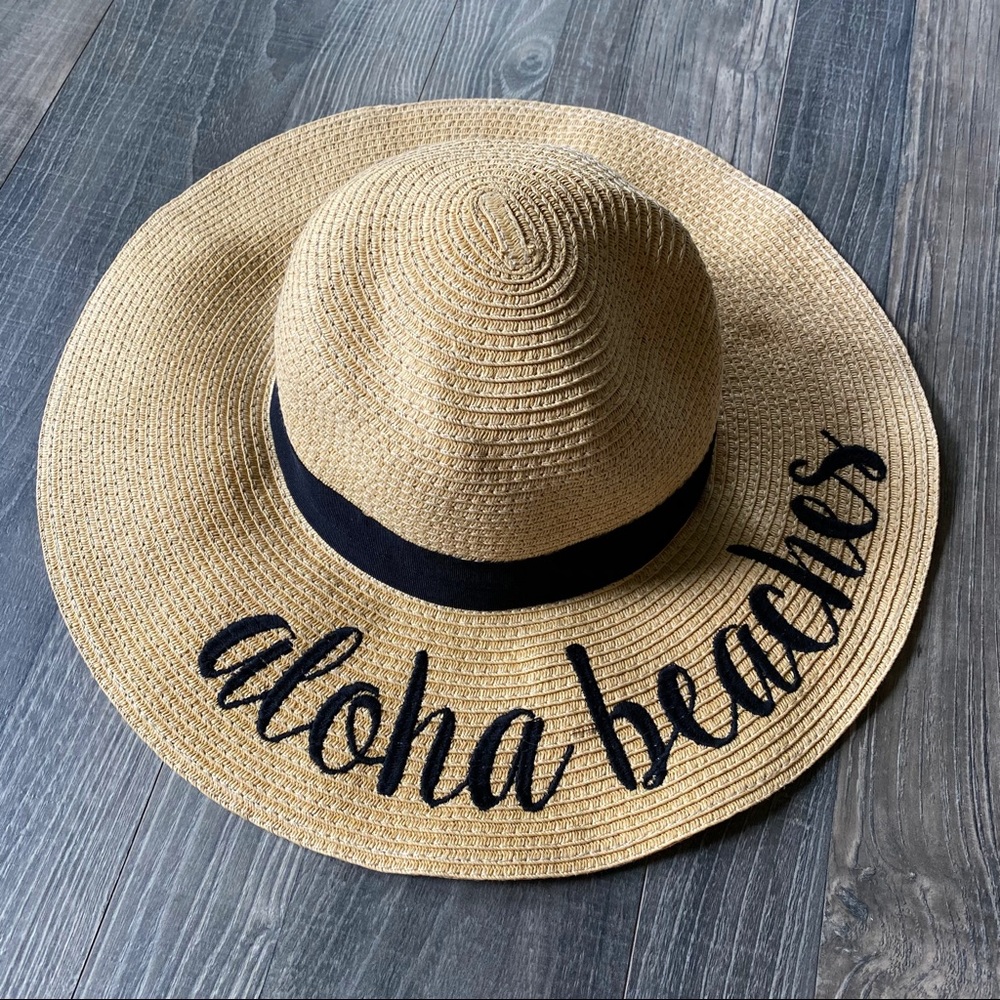 C.C. Aloha Beaches Summer Sun Straw Black Tan Floppy Vibes Swim Hat Weaved New